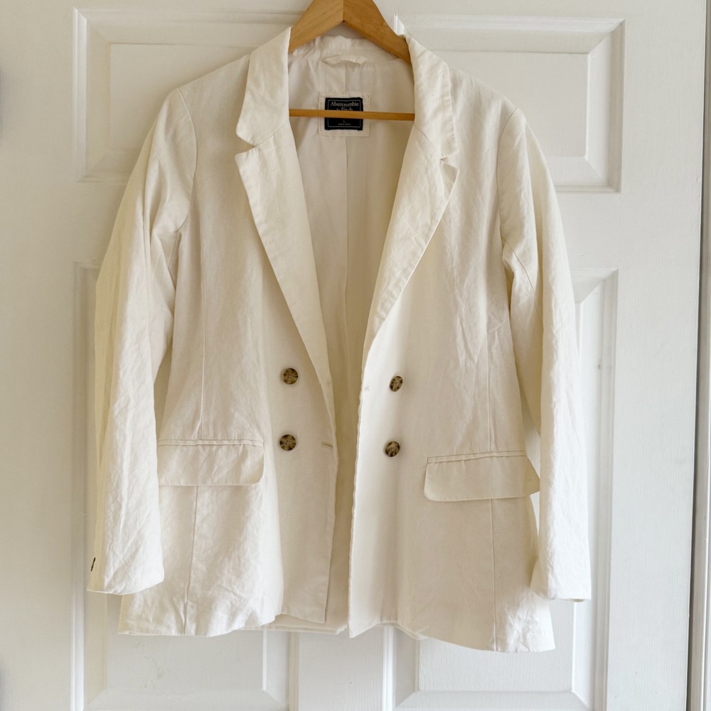 Abercrombie & Fitch Cream Cotton Linen Blend Double Breasted Blazer Jacket Sz L